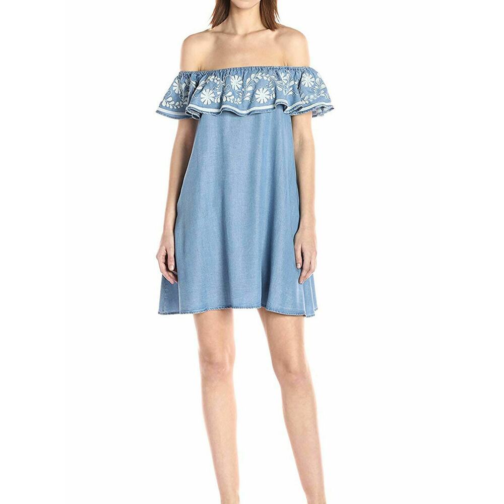 Rebecca Minkoff Summer Short Dress Small Blue Denim Chambray Off Shoulder Pocket